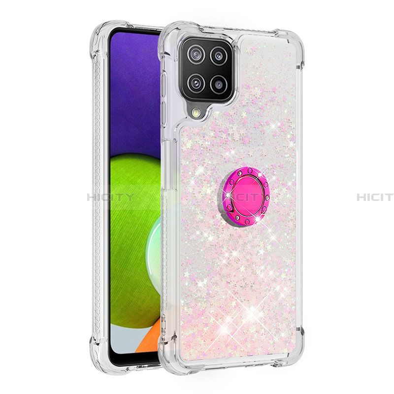 Coque Silicone Housse Etui Gel Bling-Bling avec Support Bague Anneau S01 pour Samsung Galaxy A22 4G Rose Plus