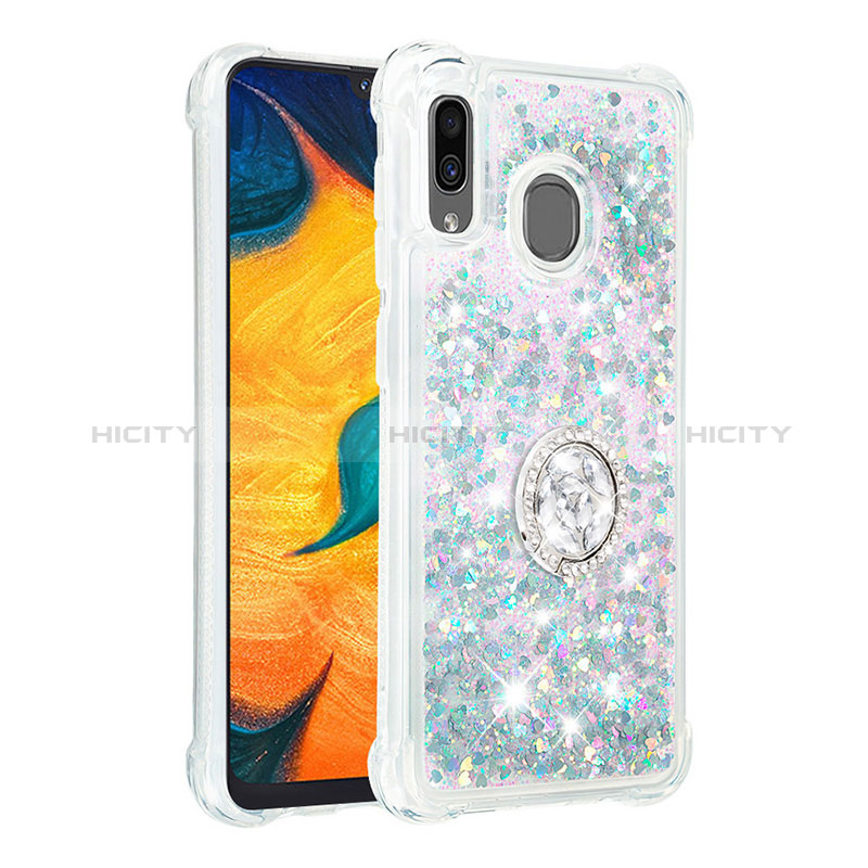 Coque Silicone Housse Etui Gel Bling-Bling avec Support Bague Anneau S01 pour Samsung Galaxy A30 Argent Plus