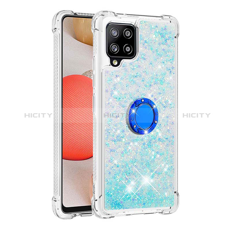 Coque Silicone Housse Etui Gel Bling-Bling avec Support Bague Anneau S01 pour Samsung Galaxy A42 5G Bleu Ciel Plus