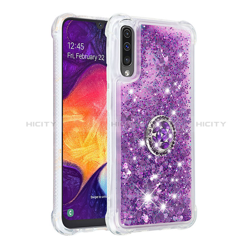 Coque Silicone Housse Etui Gel Bling-Bling avec Support Bague Anneau S01 pour Samsung Galaxy A50 Violet Plus