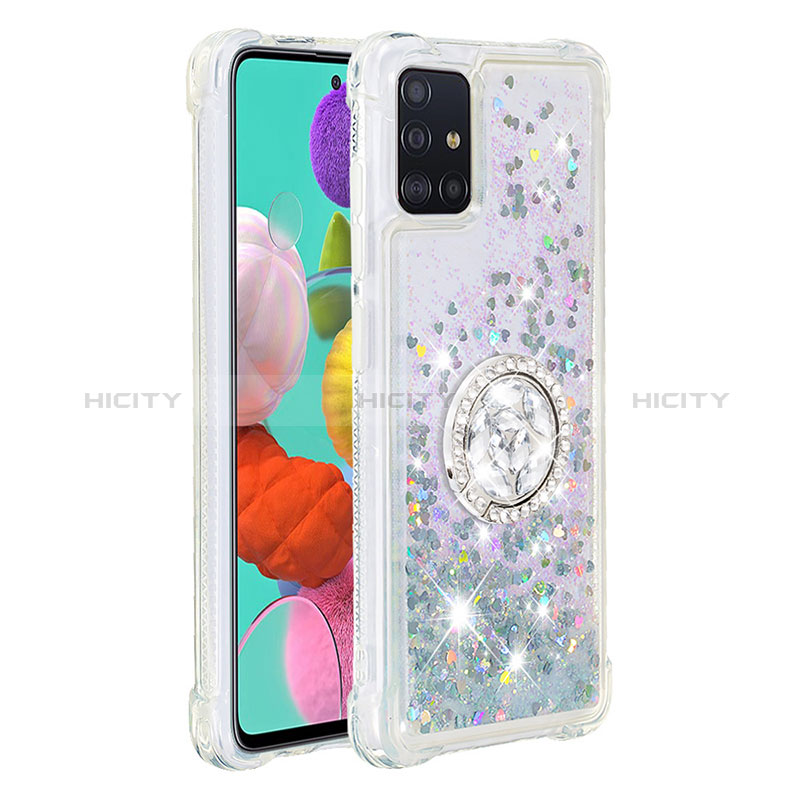 Coque Silicone Housse Etui Gel Bling-Bling avec Support Bague Anneau S01 pour Samsung Galaxy A51 5G Argent Plus