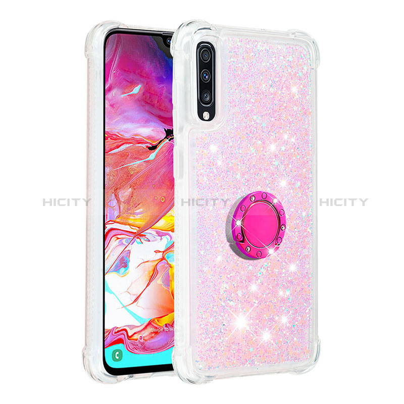 Coque Silicone Housse Etui Gel Bling-Bling avec Support Bague Anneau S01 pour Samsung Galaxy A70S Rose Plus