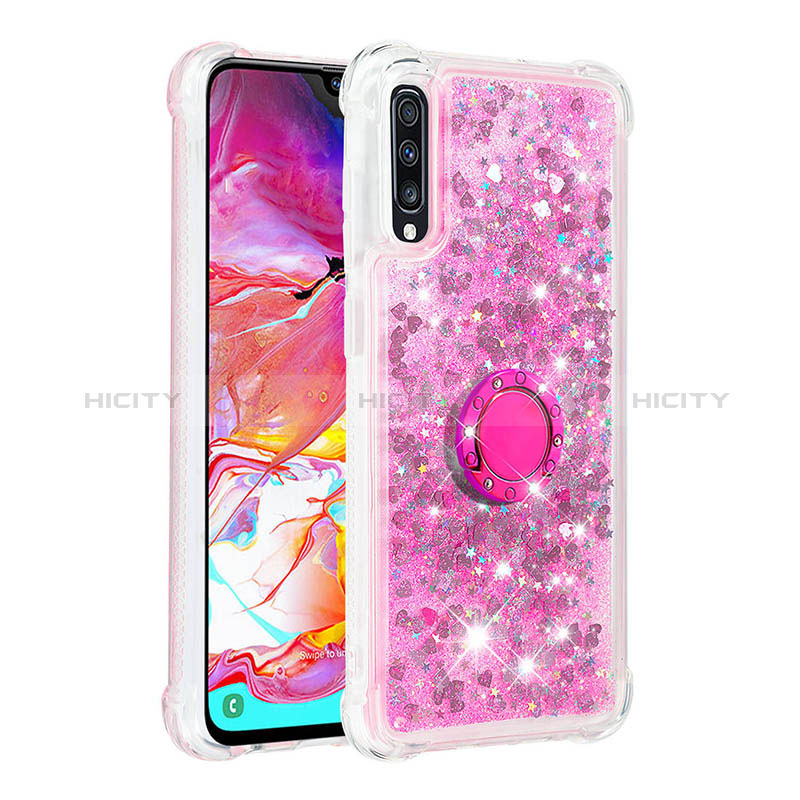 Coque Silicone Housse Etui Gel Bling-Bling avec Support Bague Anneau S01 pour Samsung Galaxy A70S Rose Rouge Plus