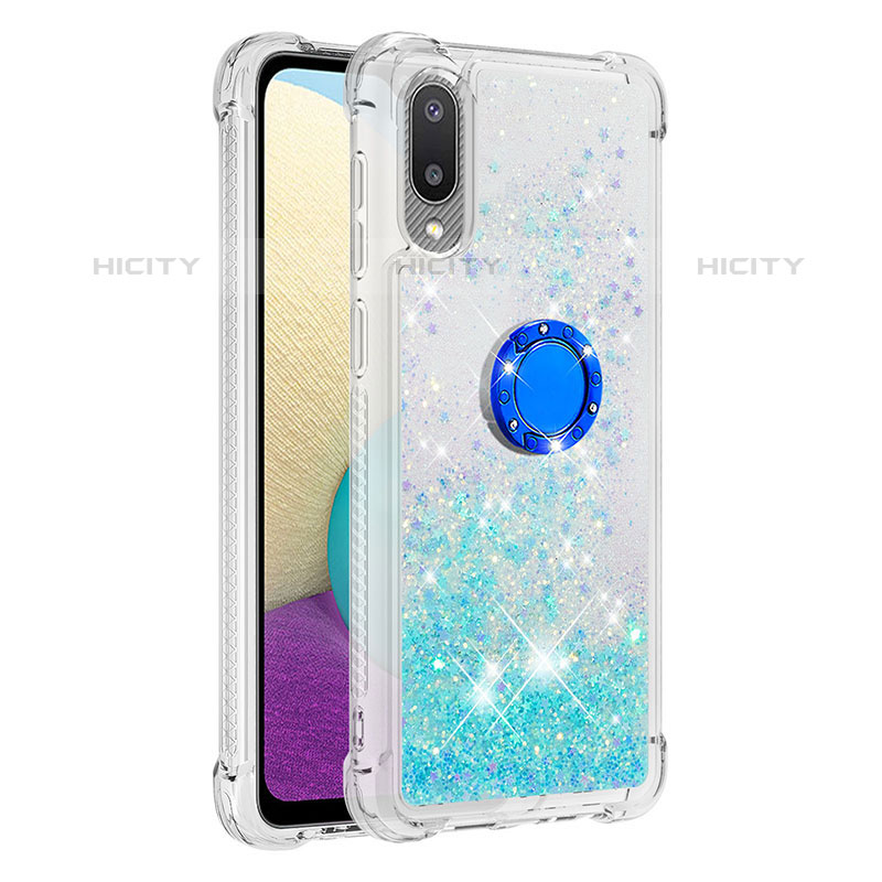 Coque Silicone Housse Etui Gel Bling-Bling avec Support Bague Anneau S01 pour Samsung Galaxy M02 Cyan Plus