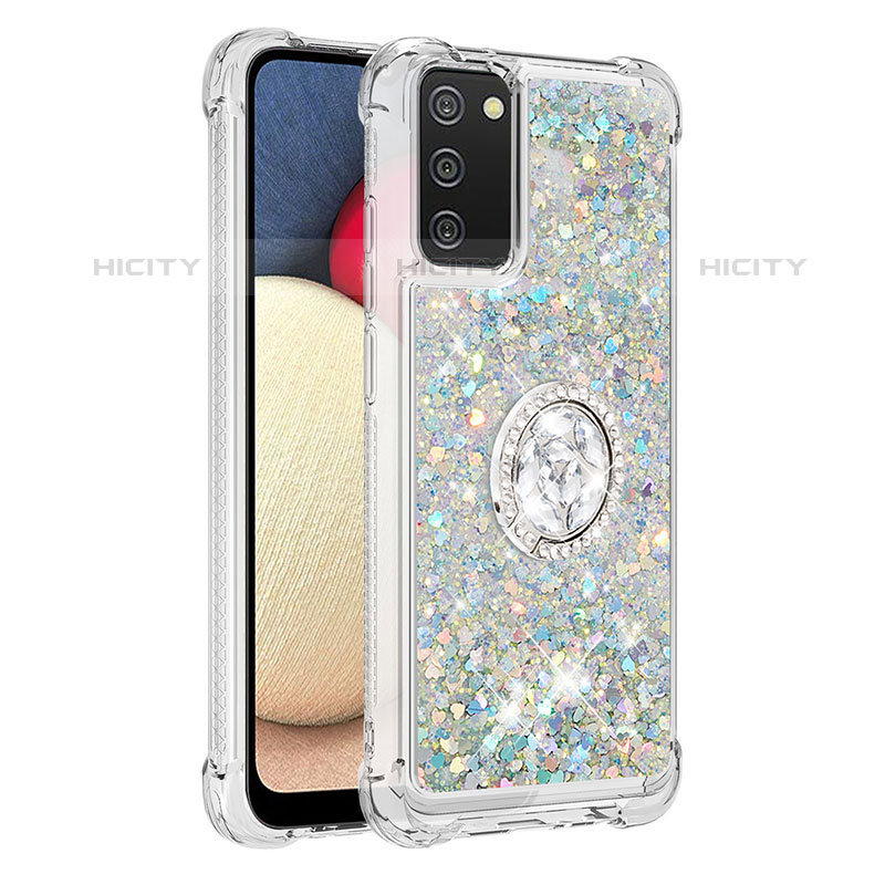 Coque Silicone Housse Etui Gel Bling-Bling avec Support Bague Anneau S01 pour Samsung Galaxy M02s Argent Plus