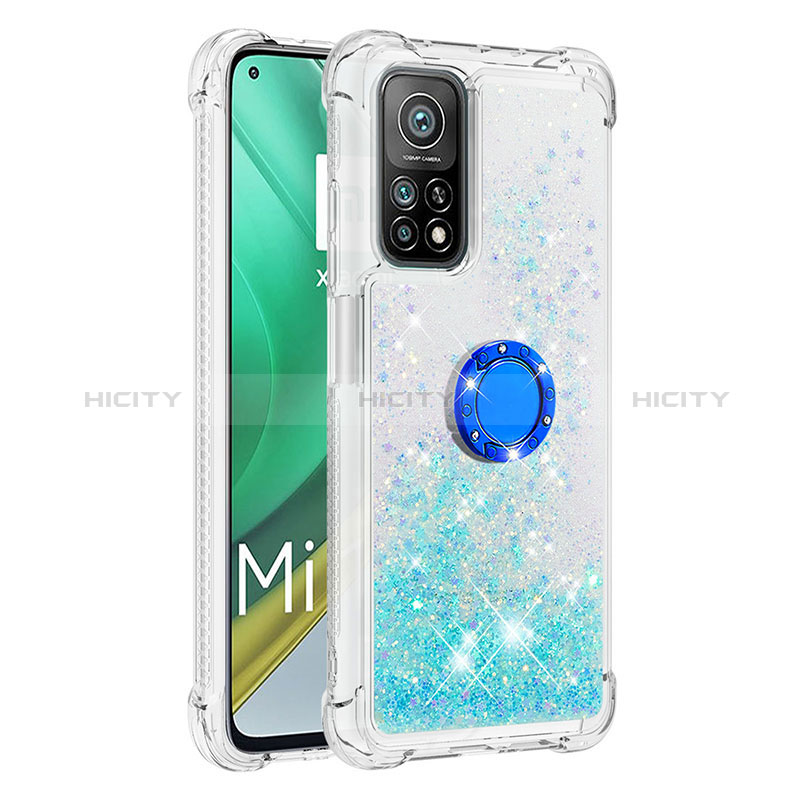 Coque Silicone Housse Etui Gel Bling-Bling avec Support Bague Anneau S01 pour Xiaomi Mi 10T Pro 5G Bleu Ciel Plus