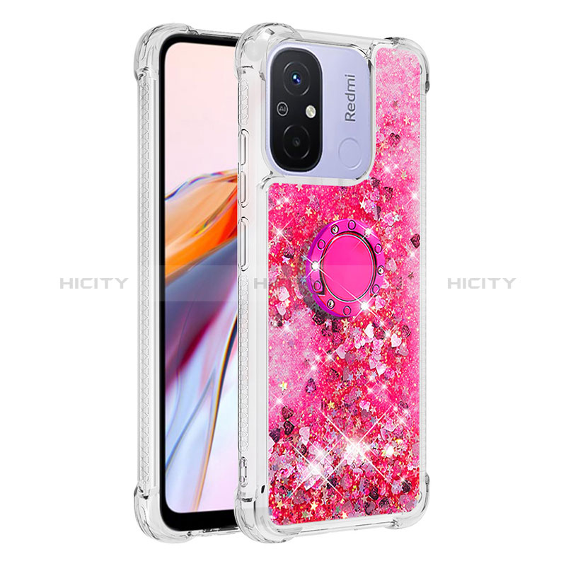 Coque Silicone Housse Etui Gel Bling-Bling avec Support Bague Anneau S01 pour Xiaomi Poco C55 Rose Rouge Plus