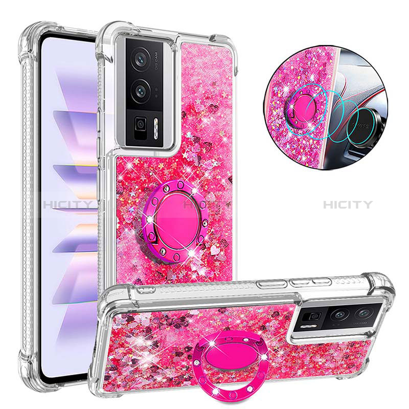 Coque Silicone Housse Etui Gel Bling-Bling avec Support Bague Anneau S01 pour Xiaomi Poco F5 Pro 5G Rose Rouge Plus