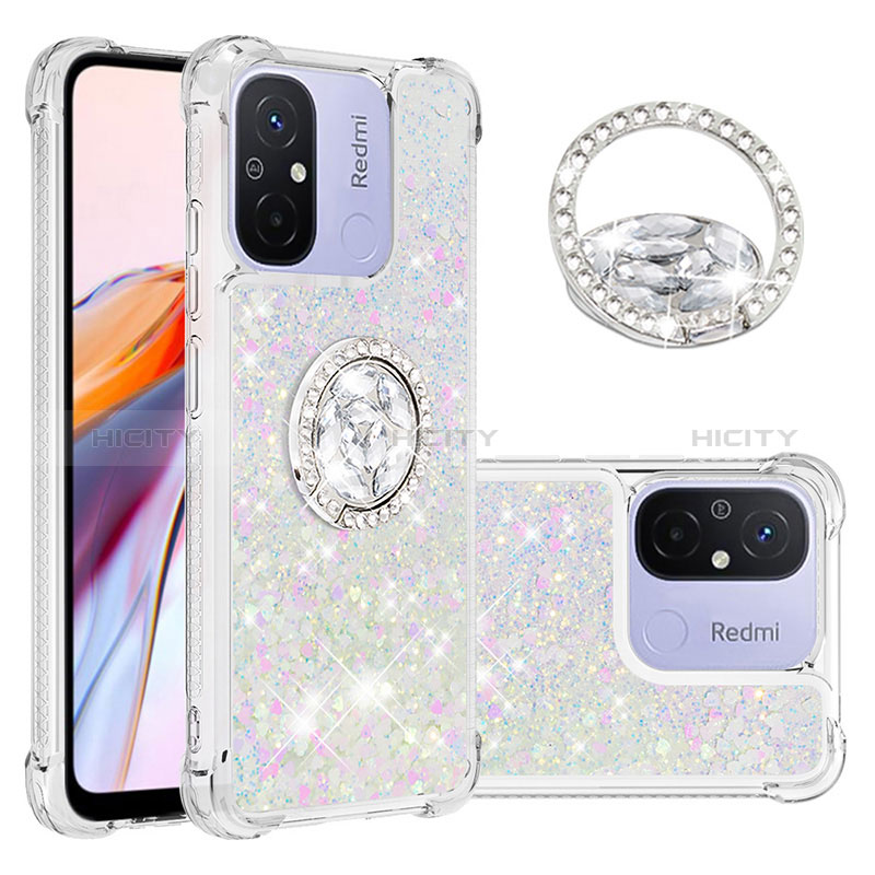 Coque Silicone Housse Etui Gel Bling-Bling avec Support Bague Anneau S01 pour Xiaomi Redmi 11A 4G Argent Plus