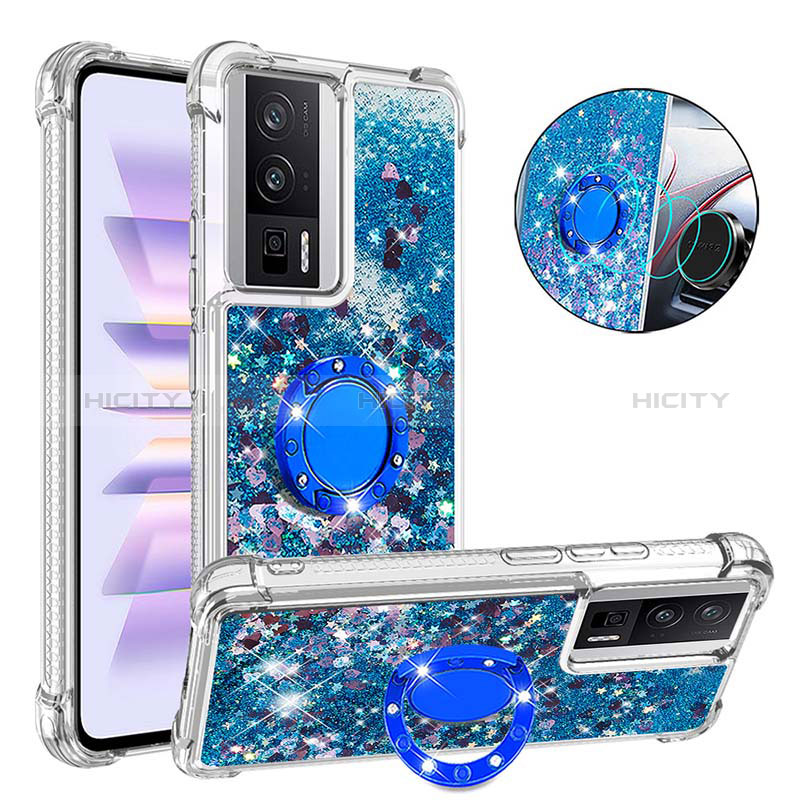 Coque Silicone Housse Etui Gel Bling-Bling avec Support Bague Anneau S01 pour Xiaomi Redmi K60 5G Bleu Plus