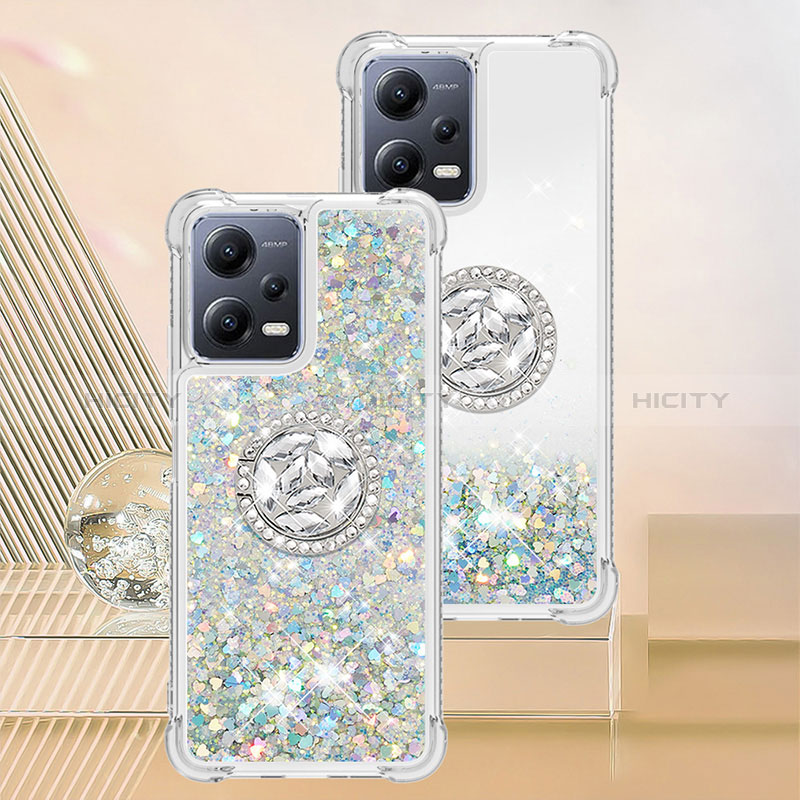 Coque Silicone Housse Etui Gel Bling-Bling avec Support Bague Anneau S01 pour Xiaomi Redmi Note 12 5G Argent Plus