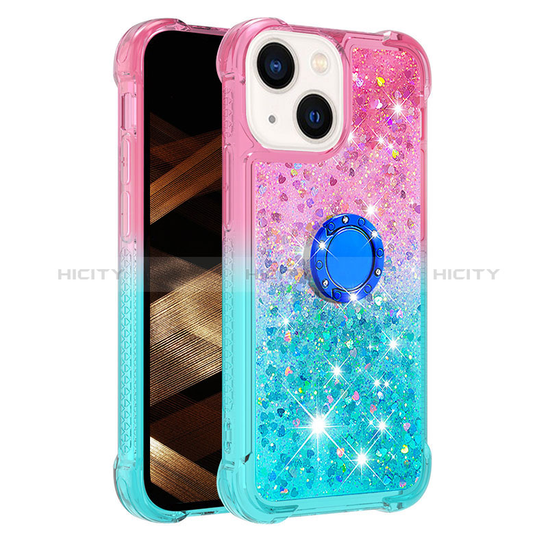 Coque Silicone Housse Etui Gel Bling-Bling avec Support Bague Anneau S02 pour Apple iPhone 13 Rose Plus