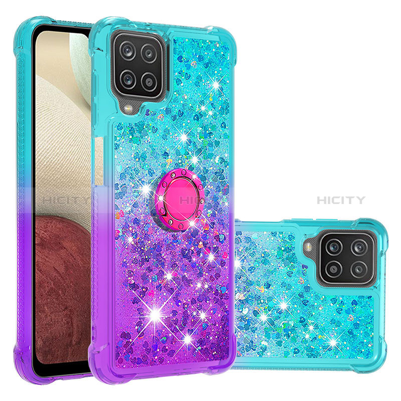 Coque Silicone Housse Etui Gel Bling-Bling avec Support Bague Anneau S02 pour Samsung Galaxy A12 Bleu Ciel Plus