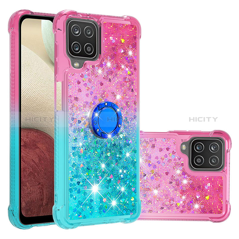 Coque Silicone Housse Etui Gel Bling-Bling avec Support Bague Anneau S02 pour Samsung Galaxy A12 Rose Plus