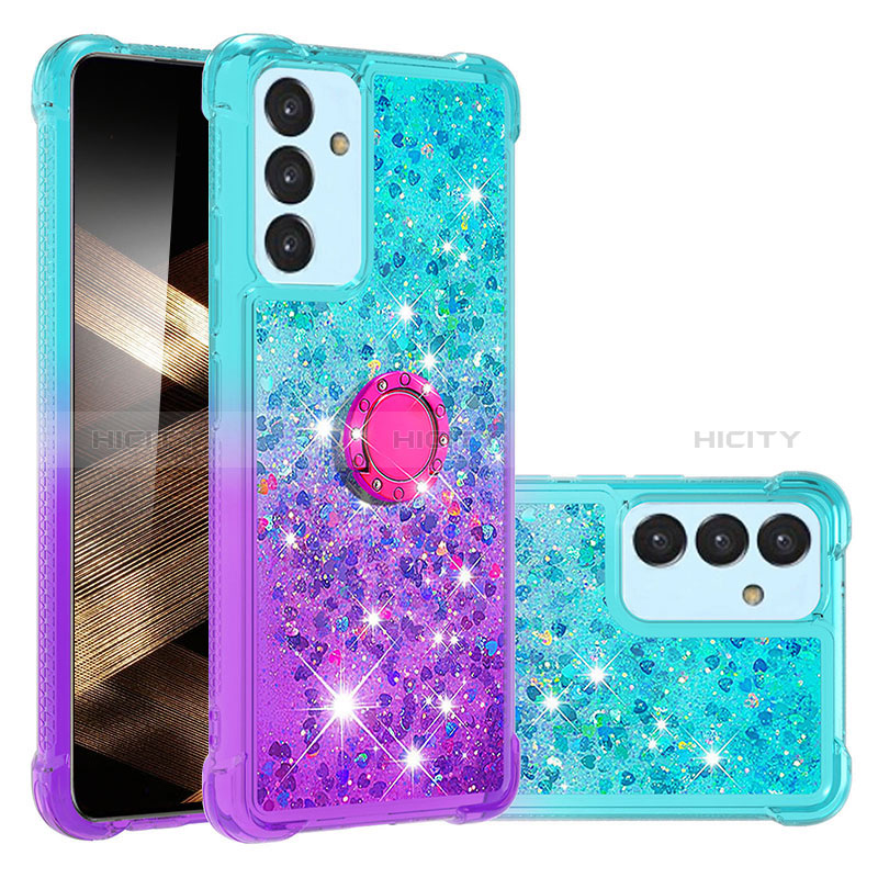 Coque Silicone Housse Etui Gel Bling-Bling avec Support Bague Anneau S02 pour Samsung Galaxy A15 LTE Bleu Ciel Plus