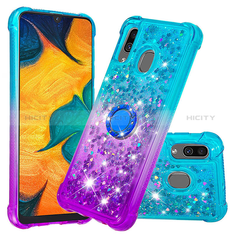 Coque Silicone Housse Etui Gel Bling-Bling avec Support Bague Anneau S02 pour Samsung Galaxy A20 Bleu Ciel Plus