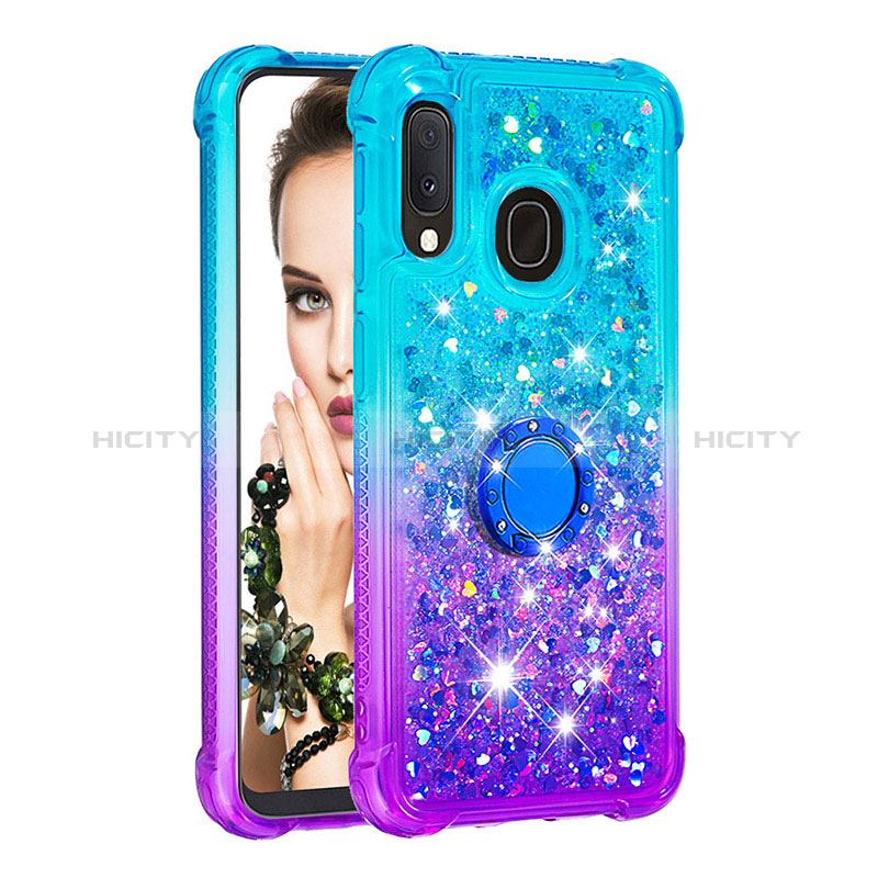 Coque Silicone Housse Etui Gel Bling-Bling avec Support Bague Anneau S02 pour Samsung Galaxy A20e Bleu Ciel Plus