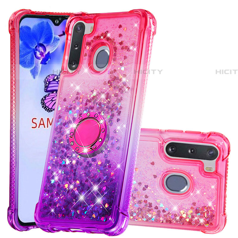 Coque Silicone Housse Etui Gel Bling-Bling avec Support Bague Anneau S02 pour Samsung Galaxy A21 European Rose Rouge Plus