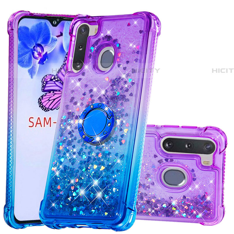 Coque Silicone Housse Etui Gel Bling-Bling avec Support Bague Anneau S02 pour Samsung Galaxy A21 European Violet Plus