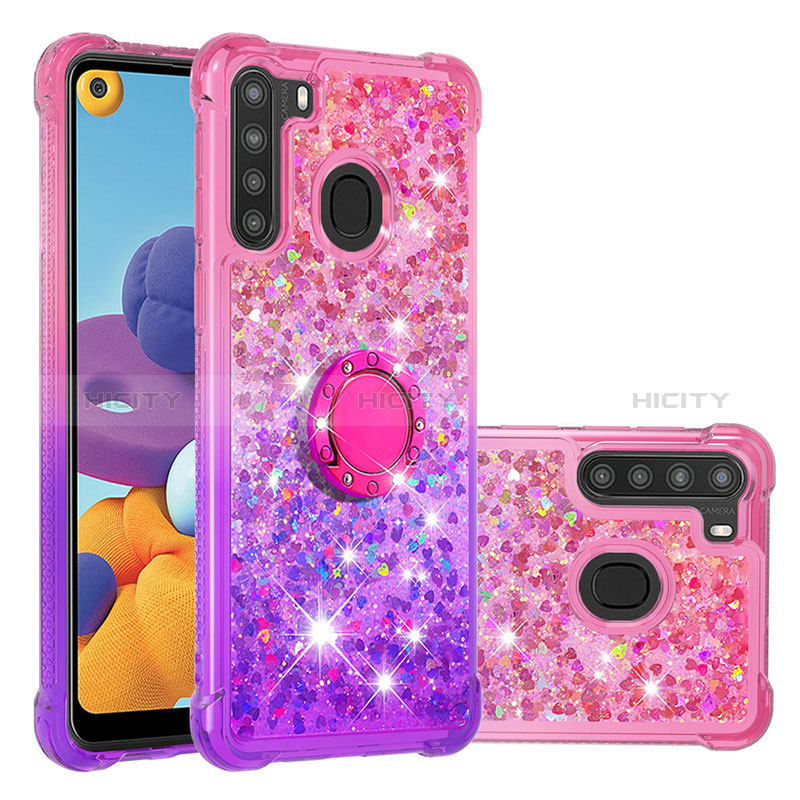 Coque Silicone Housse Etui Gel Bling-Bling avec Support Bague Anneau S02 pour Samsung Galaxy A21 Plus