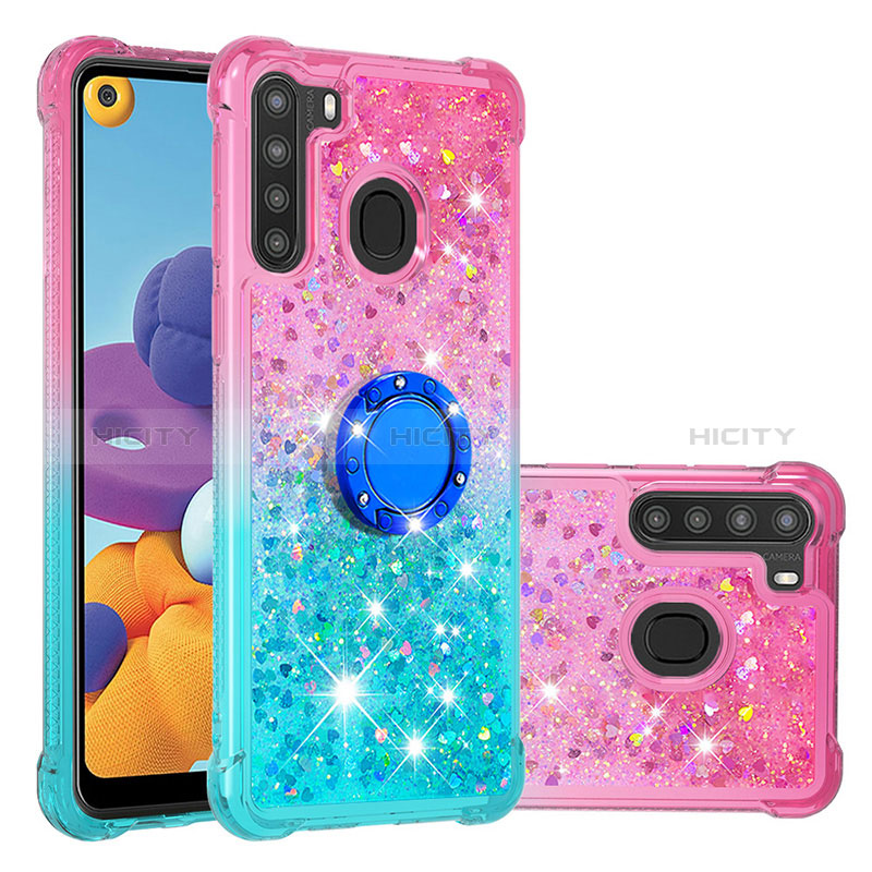 Coque Silicone Housse Etui Gel Bling-Bling avec Support Bague Anneau S02 pour Samsung Galaxy A21 Plus