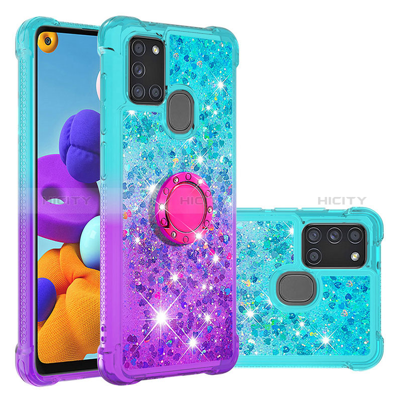 Coque Silicone Housse Etui Gel Bling-Bling avec Support Bague Anneau S02 pour Samsung Galaxy A21s Bleu Ciel Plus