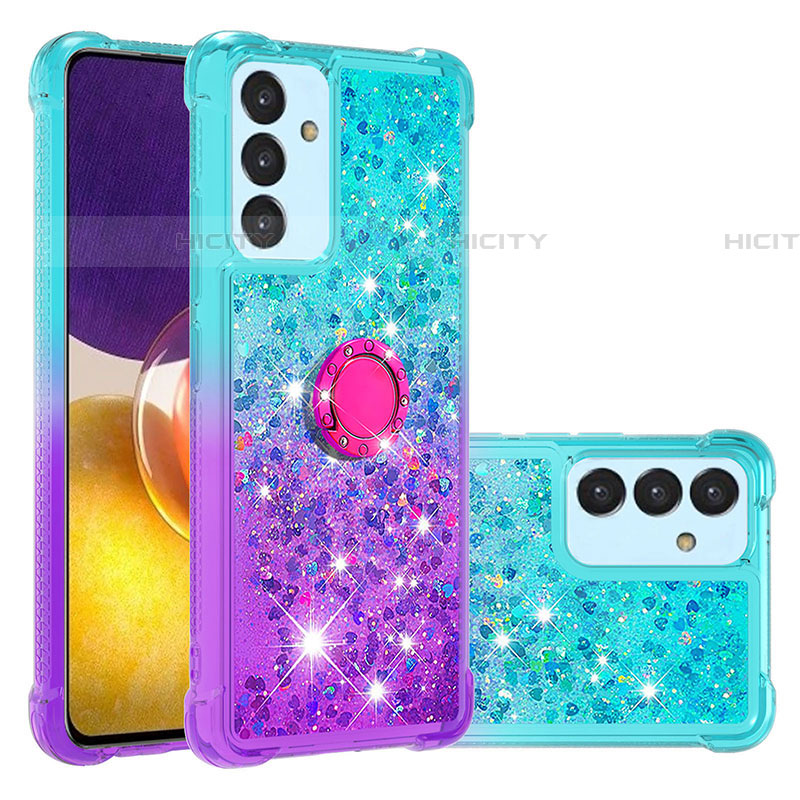 Coque Silicone Housse Etui Gel Bling-Bling avec Support Bague Anneau S02 pour Samsung Galaxy A24 4G Bleu Ciel Plus