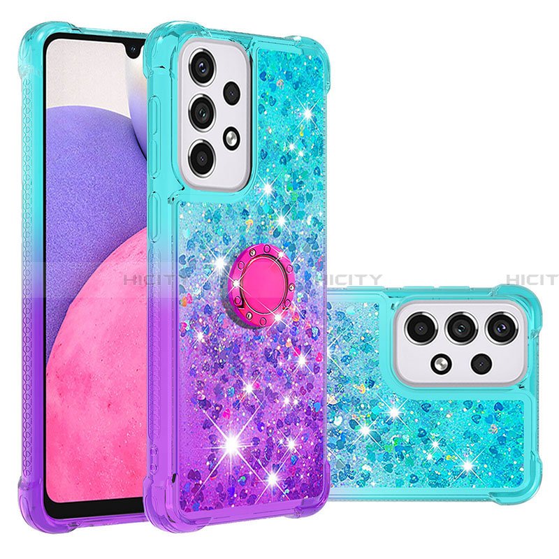 Coque Silicone Housse Etui Gel Bling-Bling avec Support Bague Anneau S02 pour Samsung Galaxy A33 5G Bleu Ciel Plus