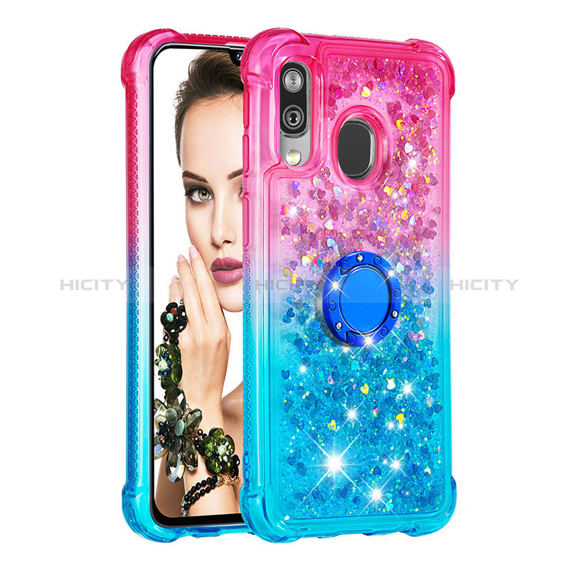 Coque Silicone Housse Etui Gel Bling-Bling avec Support Bague Anneau S02 pour Samsung Galaxy A40 Rose Plus