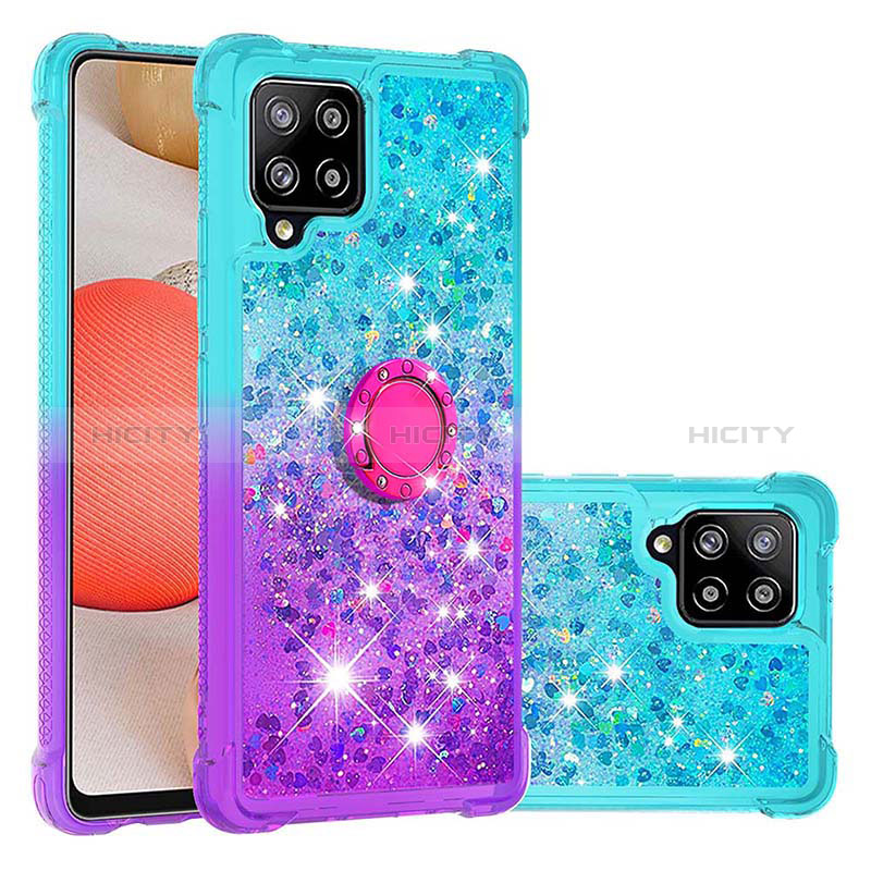 Coque Silicone Housse Etui Gel Bling-Bling avec Support Bague Anneau S02 pour Samsung Galaxy A42 5G Bleu Ciel Plus