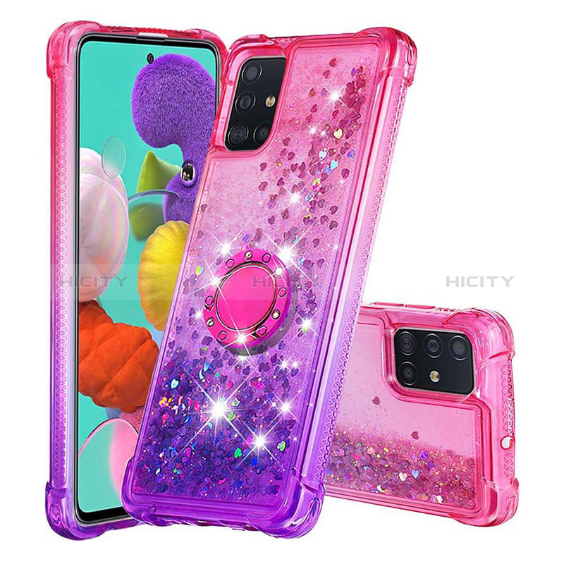 Coque Silicone Housse Etui Gel Bling-Bling avec Support Bague Anneau S02 pour Samsung Galaxy A51 4G Rose Rouge Plus