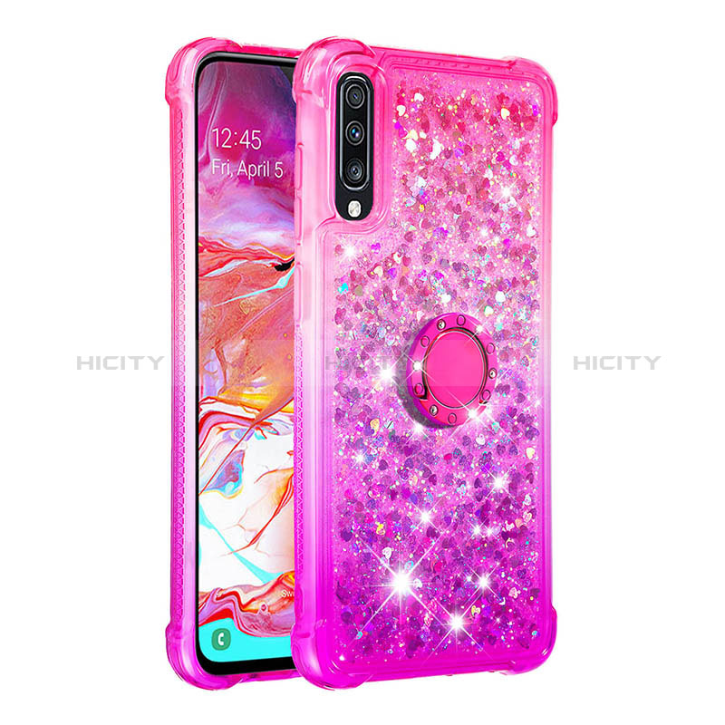 Coque Silicone Housse Etui Gel Bling-Bling avec Support Bague Anneau S02 pour Samsung Galaxy A70 Rose Rouge Plus