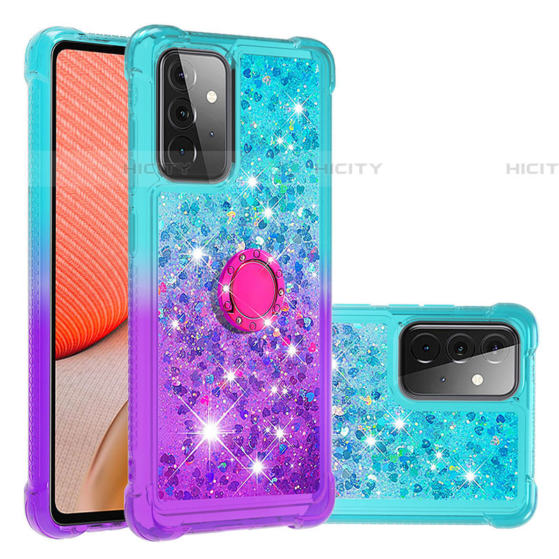 Coque Silicone Housse Etui Gel Bling-Bling avec Support Bague Anneau S02 pour Samsung Galaxy A72 4G Bleu Ciel Plus