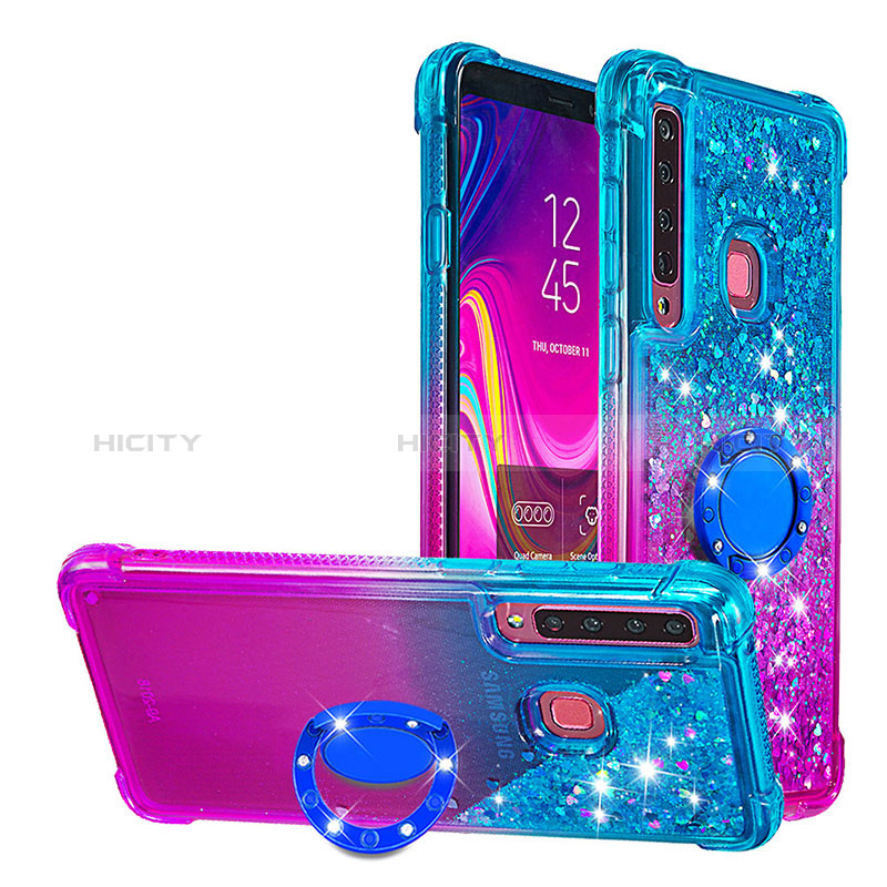 Coque Silicone Housse Etui Gel Bling-Bling avec Support Bague Anneau S02 pour Samsung Galaxy A9s Bleu Ciel Plus