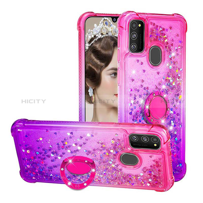 Coque Silicone Housse Etui Gel Bling-Bling avec Support Bague Anneau S02 pour Samsung Galaxy M21 Rose Rouge Plus