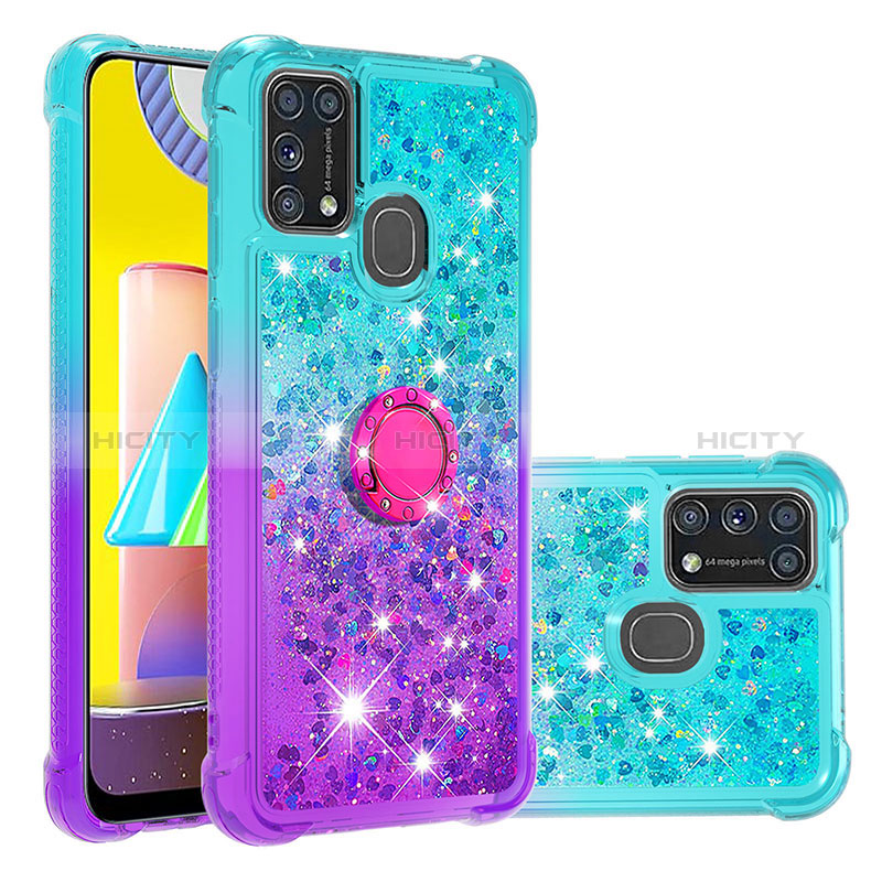 Coque Silicone Housse Etui Gel Bling-Bling avec Support Bague Anneau S02 pour Samsung Galaxy M21s Bleu Ciel Plus