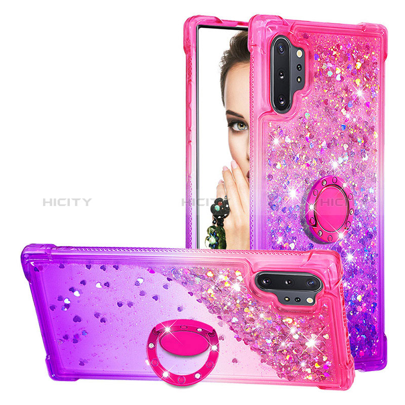 Coque Silicone Housse Etui Gel Bling-Bling avec Support Bague Anneau S02 pour Samsung Galaxy Note 10 Plus 5G Rose Rouge Plus