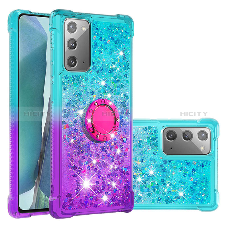 Coque Silicone Housse Etui Gel Bling-Bling avec Support Bague Anneau S02 pour Samsung Galaxy Note 20 5G Bleu Ciel Plus