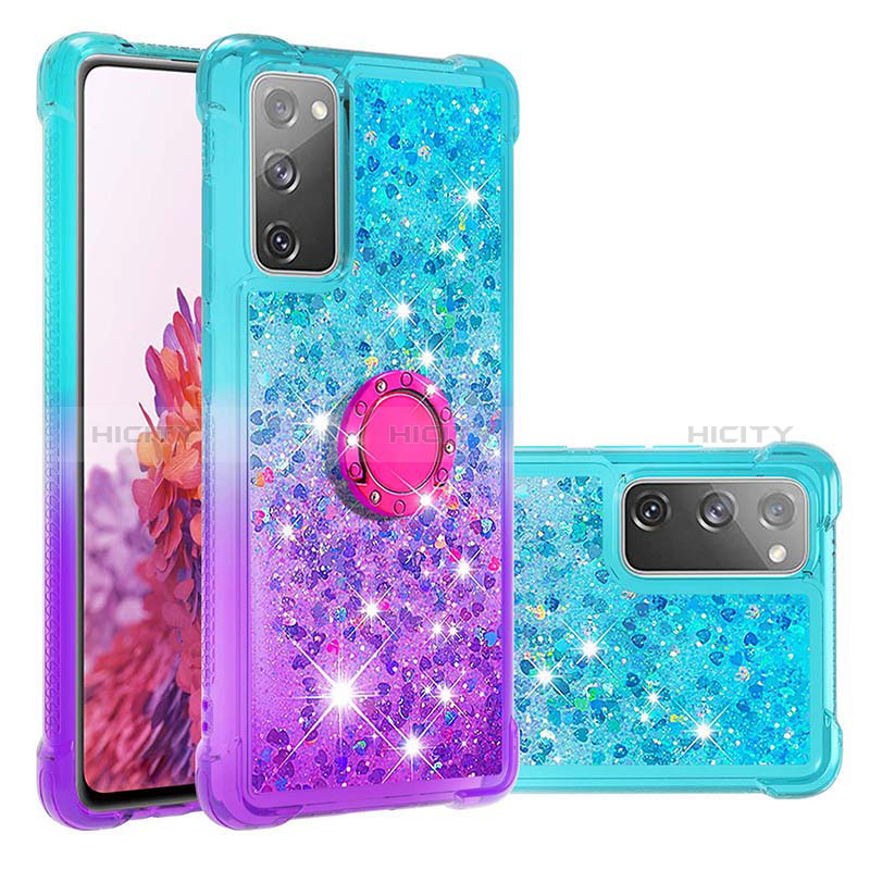 Coque Silicone Housse Etui Gel Bling-Bling avec Support Bague Anneau S02 pour Samsung Galaxy S20 Lite 5G Bleu Ciel Plus