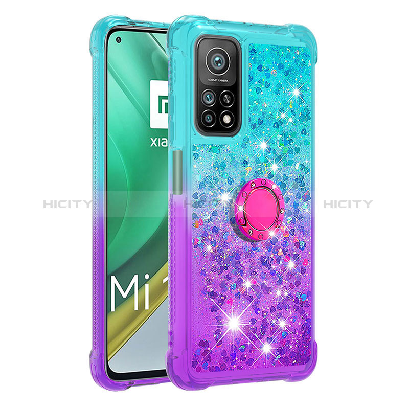 Coque Silicone Housse Etui Gel Bling-Bling avec Support Bague Anneau S02 pour Xiaomi Mi 10T Pro 5G Bleu Ciel Plus