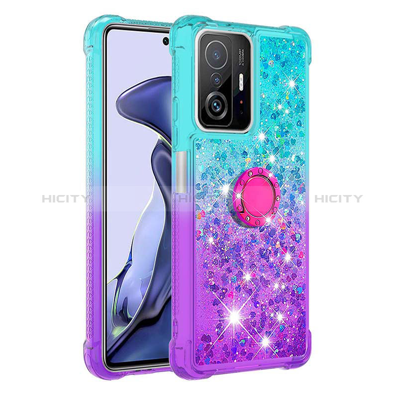 Coque Silicone Housse Etui Gel Bling-Bling avec Support Bague Anneau S02 pour Xiaomi Mi 11T 5G Bleu Ciel Plus