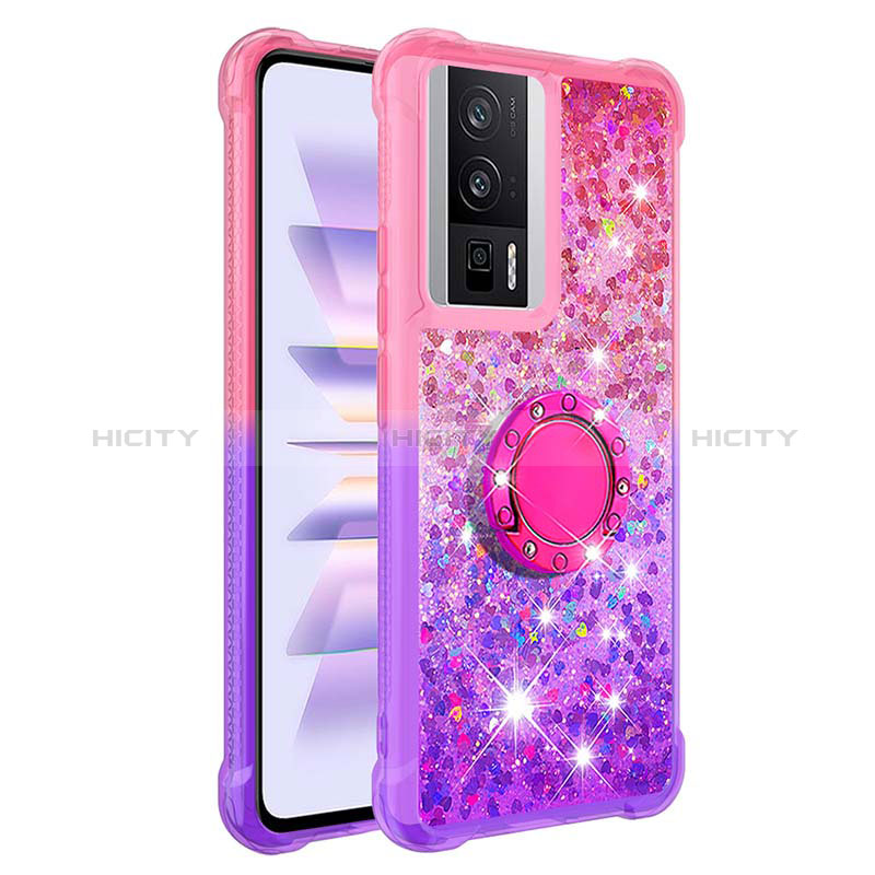 Coque Silicone Housse Etui Gel Bling-Bling avec Support Bague Anneau S02 pour Xiaomi Poco F5 Pro 5G Rose Rouge Plus