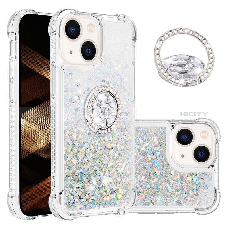 Coque Silicone Housse Etui Gel Bling-Bling avec Support Bague Anneau S03 pour Apple iPhone 13 Plus