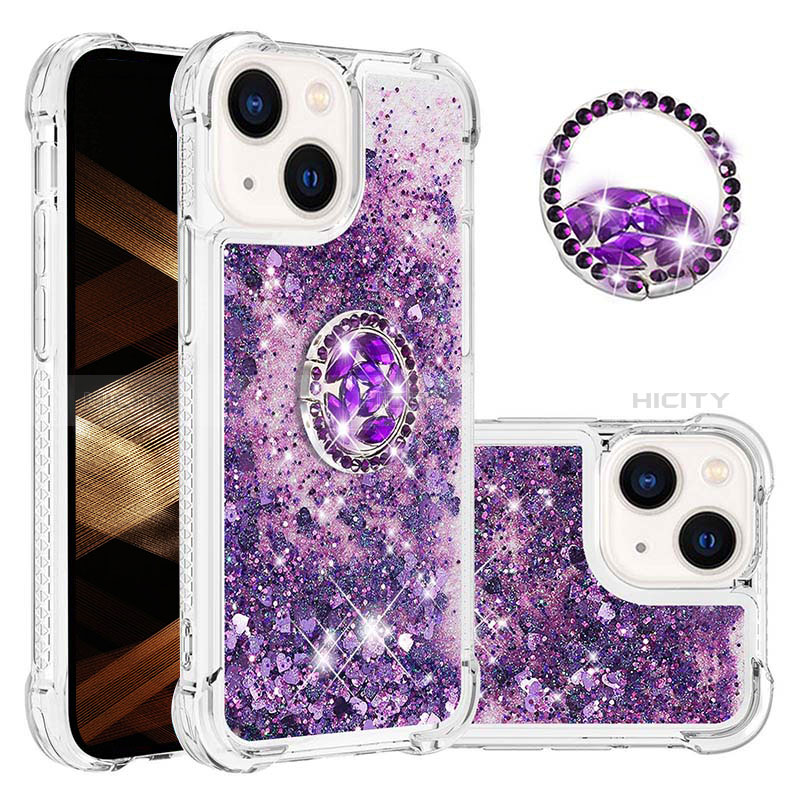 Coque Silicone Housse Etui Gel Bling-Bling avec Support Bague Anneau S03 pour Apple iPhone 13 Plus