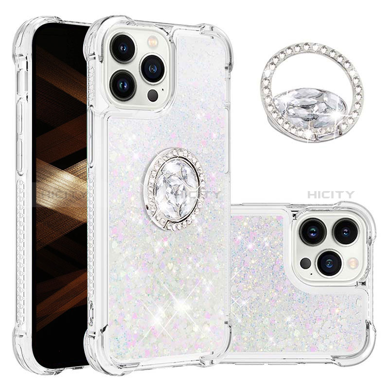 Coque Silicone Housse Etui Gel Bling-Bling avec Support Bague Anneau S03 pour Apple iPhone 13 Pro Max Argent Plus