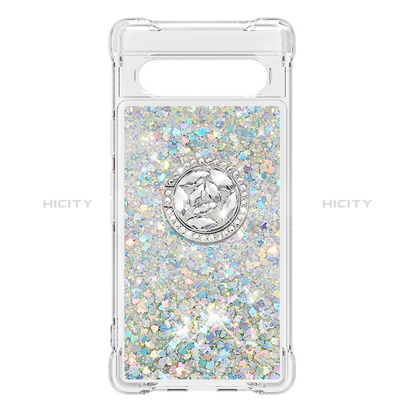 Coque Silicone Housse Etui Gel Bling-Bling avec Support Bague Anneau S03 pour Google Pixel 7a 5G Argent Plus