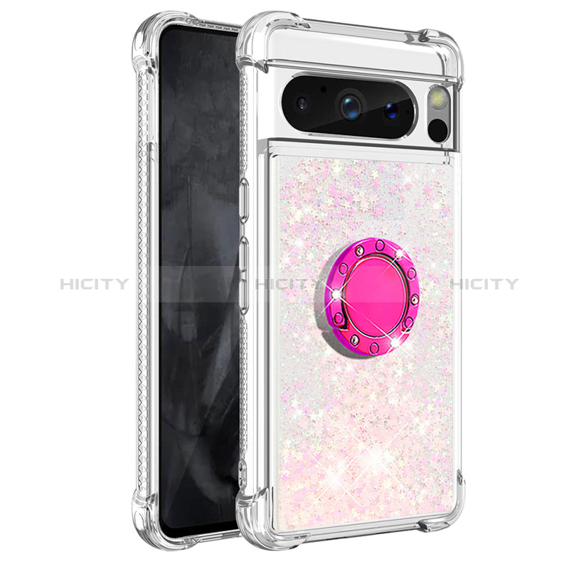 Coque Silicone Housse Etui Gel Bling-Bling avec Support Bague Anneau S03 pour Google Pixel 8 Pro 5G Rose Plus