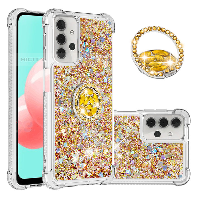 Coque Silicone Housse Etui Gel Bling-Bling avec Support Bague Anneau S03 pour Samsung Galaxy M32 5G Or Plus