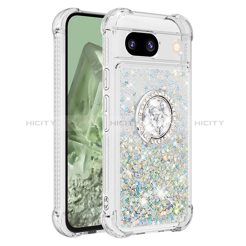 Coque Silicone Housse Etui Gel Bling-Bling avec Support Bague Anneau YB1 pour Google Pixel 8a 5G Argent Plus