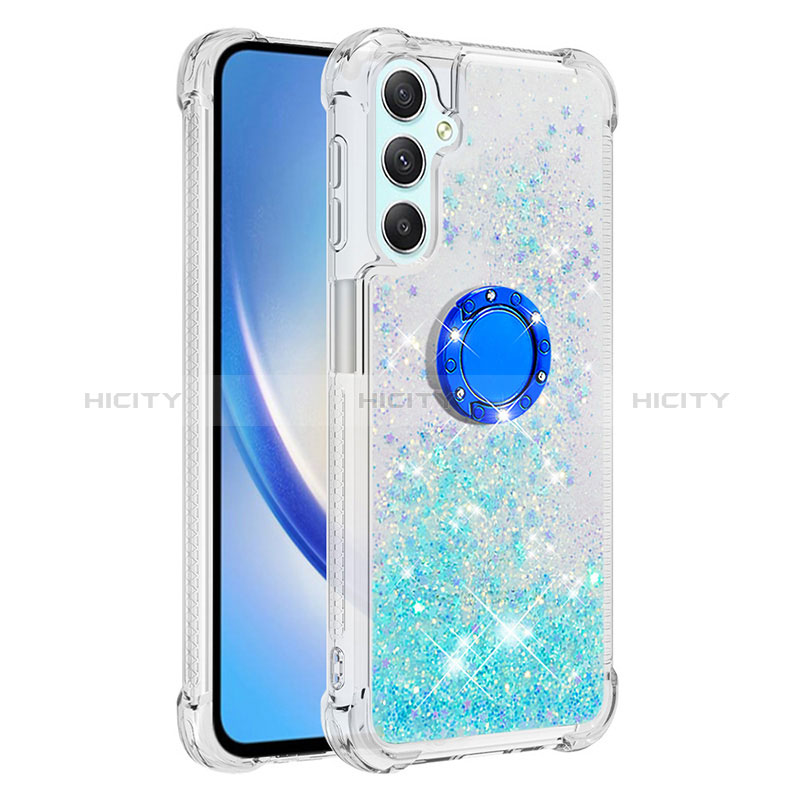 Coque Silicone Housse Etui Gel Bling-Bling avec Support Bague Anneau YB1 pour Samsung Galaxy A25 5G Bleu Ciel Plus